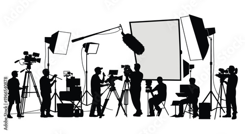 Television production crew working on set, professional team with cameras and lighting equipment, vector illustration for film making, broadcasting, media production, and studio design projects.