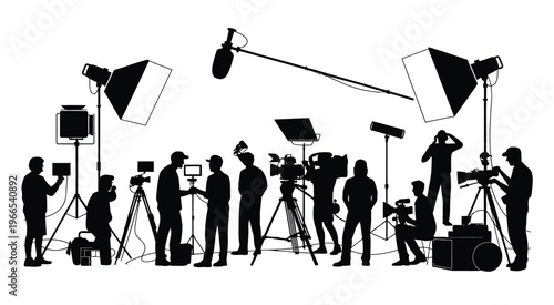 Television production crew vector illustration, professionals operating cameras and lighting equipment on set for film production, broadcasting, media industry, and studio creative projects.