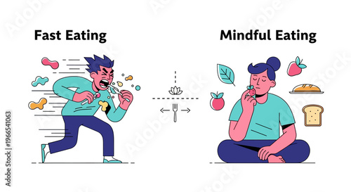 Embracing Mindful Eating A Visual Comparison of Hasty Consumption Versus Thoughtful Nutritional Habits for Wellness