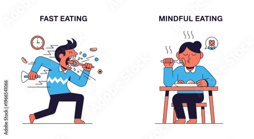 Illustrating the stark differences between rushed and deliberate eating habits to promote mindful consumption for improved well-being