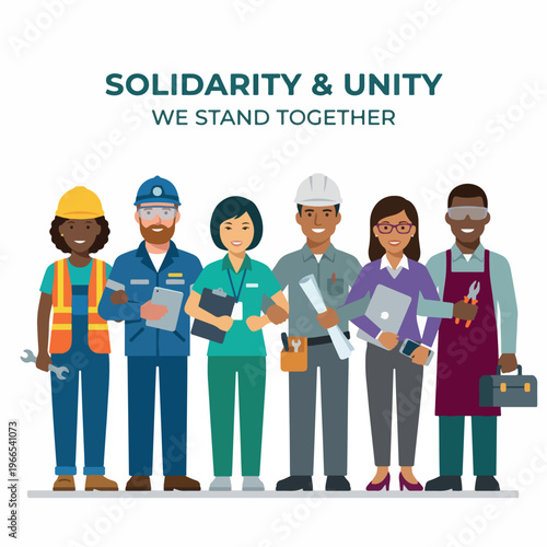 Diverse group of essential workers standing together in solidarity and unity.