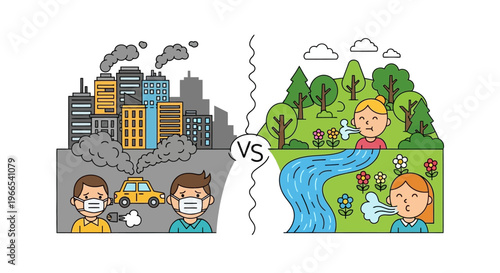 Environmental Contrast Polluted City Air and Smog Versus Pristine Nature with Clean Air and Healthy Breathing