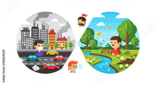 A visual tale of environmental impact contrasting the smog-choked urban sprawl with the crisp, rejuvenating air of a vibrant green park