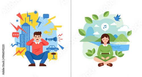 Navigating Urban Stress A Visual Journey from Overwhelming City Noise to Peaceful Nature Meditation and Inner Calm