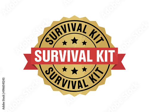 Gold survival kit badge with red banner and white text on white background