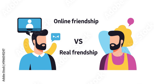 Online friendship versus real friendship comparison illustration on white background with two people, speech bubbles and icons