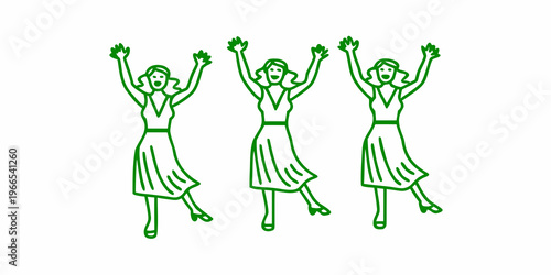 Three women celebrating with arms raised in a simple green illustration