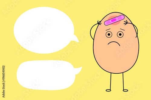 Cute sad Easter egg character with band-aid on his head. Speech bubble for text. Traditional Easter holiday concept. Cartoon vector design.