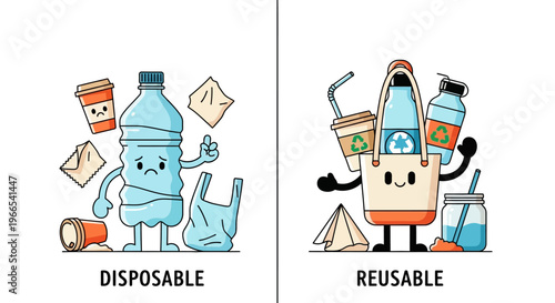 Illustrative comparison of problematic single-use items versus beneficial eco-friendly reusable products promoting waste reduction and sustainable living