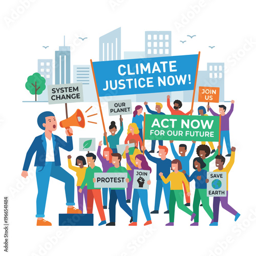Diverse group of activists protesting for climate justice and environmental action.