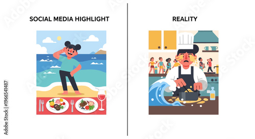 Comparing the idealized portrayal of a vacation meal with the chaotic reality of preparing it