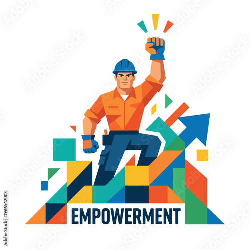 Empowered construction worker standing on abstract geometric shapes.