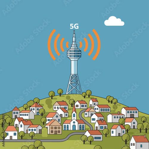5G Cellular Tower on Hill with Houses.