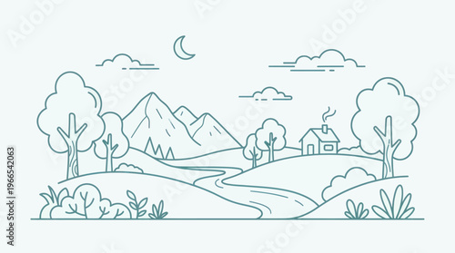 Serene Landscape with a Cozy House and Winding River.