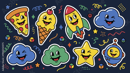 Set of Cute Cartoon Characters with Happy Faces and Playful Expressions.