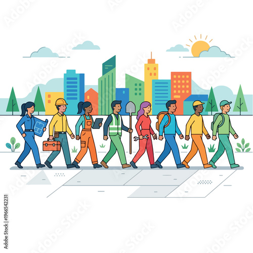 Diverse group of workers walking together representing various professions and unity.