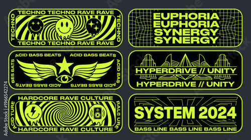 Set of six retro futuristic rave music stickers with neon green text and graphics.