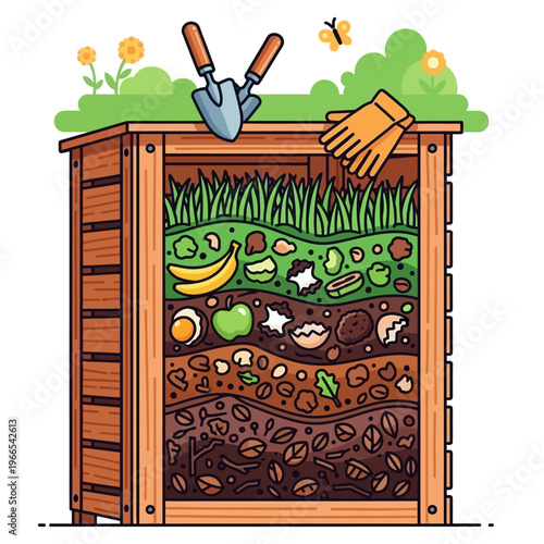 Compost Bin with Layers and Gardening Tools.