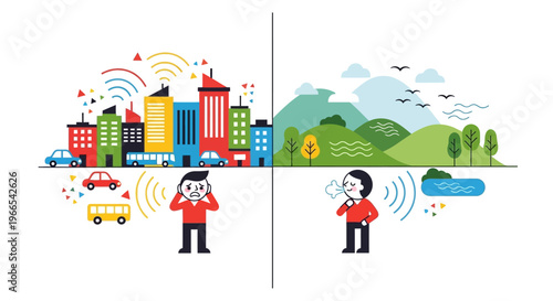 Contrast between noisy city life and peaceful nature sounds represented by illustrations