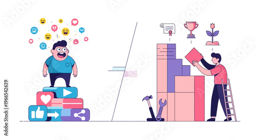 Digital Validation Versus Tangible Progress A Visual Metaphor Contrasting Social Media Popularity with Building Real Achievements