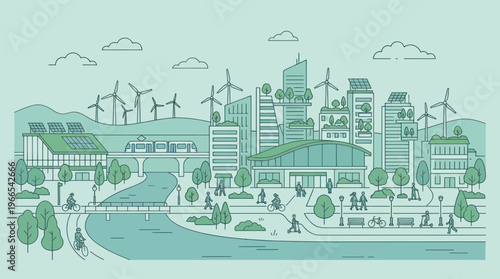 Sustainable Cityscape with Green Energy and Modern Architecture.
