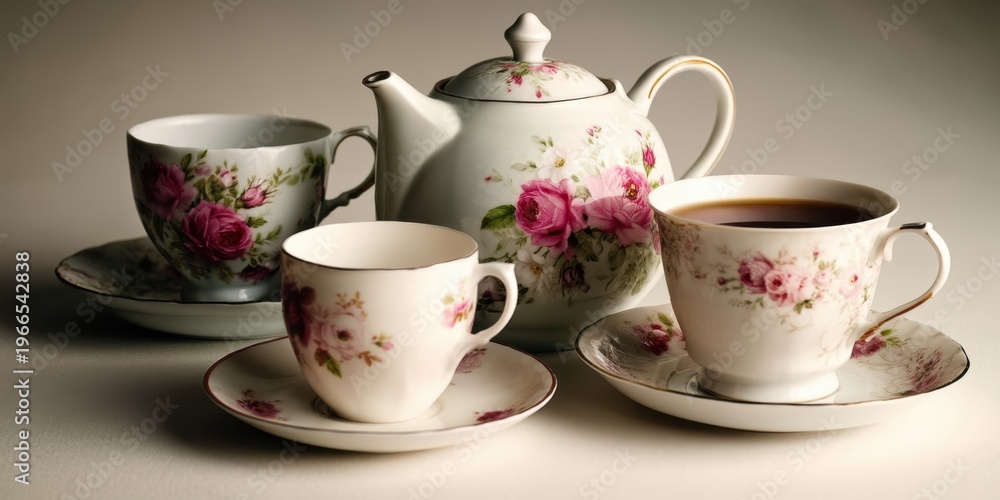 Fototapeta premium Vintage floral porcelain teacup and teapot set with rose pattern for afternoon tea background and banner design