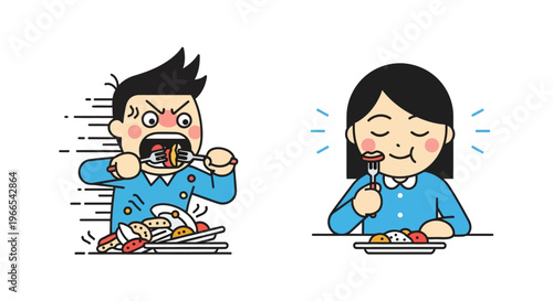 Contrasting Eating Styles Man Rushing Through His Meal Aggressively Compared to Woman Mindfully Savoring Food Slowly