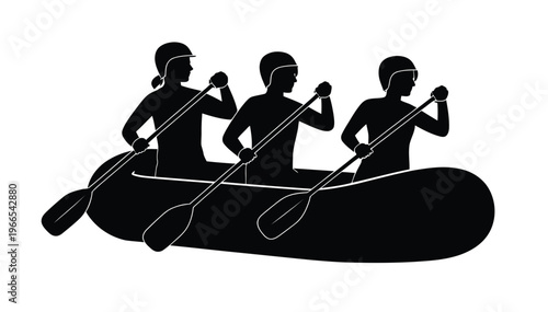 Rafting adventure silhouette vector, three people paddling in a raft on river, black illustration for outdoor sports, extreme adventure, travel, and recreation design projects.