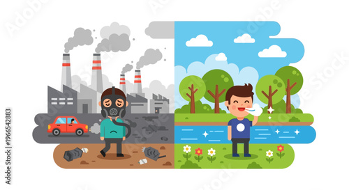 Contrast between industrial pollution and a clean, green environment with fresh air and nature