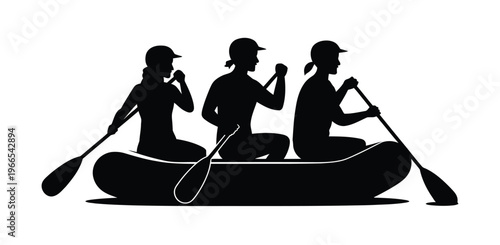 River rafting silhouette illustration, three people paddling in raft, black vector design for outdoor adventure, sports activities, travel tourism, and extreme recreation projects.