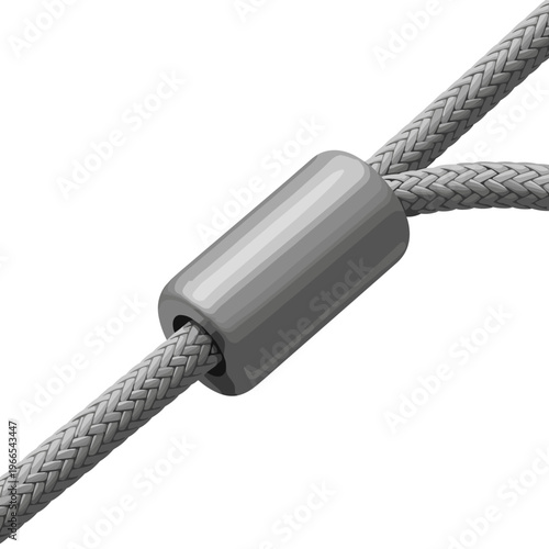 Gray cord with cylindrical stop feature isolated on white background, showcasing braided texture and sleek design