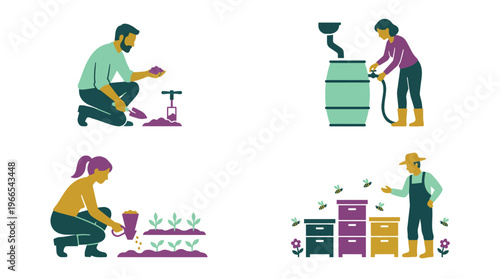 Regenerative agriculture icons show soil, rain, bees