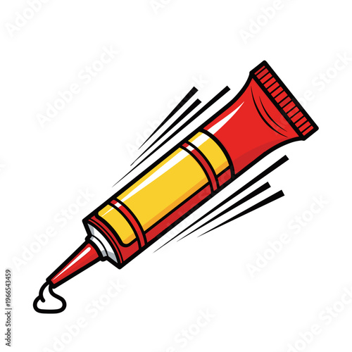 Illustration of a red and yellow caulk tube isolated on a white background with dynamic lines and cartoon style