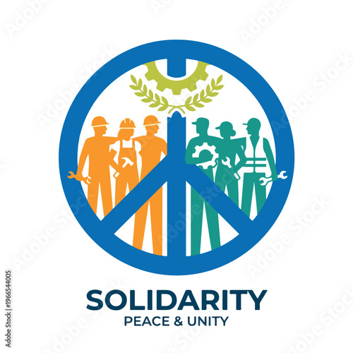 Solidarity peace and unity logo with workers inside a peace symbol.
