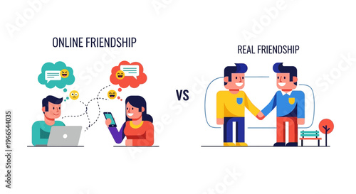 Illustrating the contrast between digital online social interactions and the authenticity of real-world human connections and genuine friendships