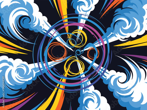 Abstract dynamic visual effect with concentric rings radial lines and stylized cloud bursts on a dark background