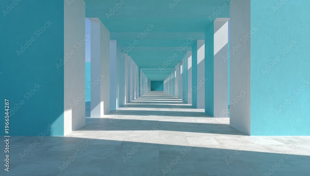 Fototapeta premium Bright, long, open hallway with tall white columns and turquoise walls