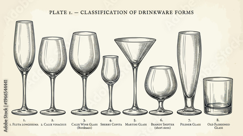Vintage Illustration of Various Drinkware Forms and Glass Types.