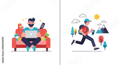 Modern Lifestyle Balance Cozy Indoor Remote Work and Relaxation with Snacks Contrasted by Energetic Outdoor Running and Mountain Nature Exploration