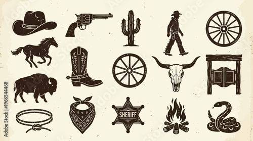 Vintage Wild West and Cowboy Themed Icons Collection.
