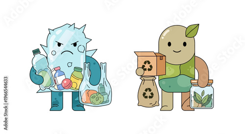 Two illustrated characters representing waste reduction and recycling and ecological sustainability