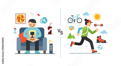 Healthy lifestyle choice versus sedentary couch potato, concept of healthy living and bad habits