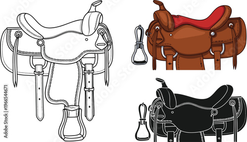 Western horse saddle vector illustration set featuring detailed technical line art colored leather and solid black silhouette for equestrian sports and ranch equipment designs.