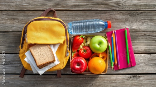 School lunch box with fresh sandwich, fruits and vegetables, water bottle and colorful kids backpack with school supplies on wooden table, flat lay top view, healthy nutrition and back to school conce