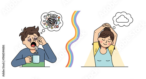 Visualizing the shift from chronic exhaustion and jumbled thoughts to a state of complete calm and mental clarity