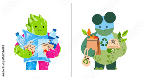 Vibrant cartoon characters championing environmental responsibility through diligent recycling and sustainable lifestyle choices for a greener future