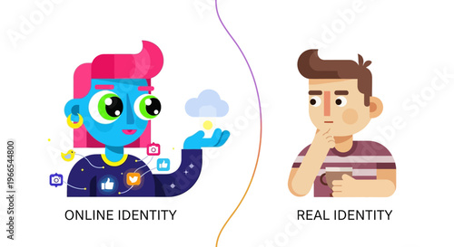 Conceptual illustration depicting the intricate divergence between a person's curated online persona and their authentic real-world identity, reflecting modern digital challenges