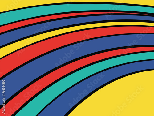 Abstract pattern of curved thick bands in yellow red teal and blue with black outlines