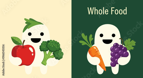 Cute Cartoon Characters Holding Fresh Fruits and Vegetables, Promoting Healthy Eating