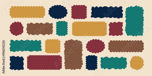 Vintage color label shapes set on a warm beige background. Wavy rounded rectangles and badge frames in retro tones yellow, burgundy, teal, navy and brown. Flat vector templates